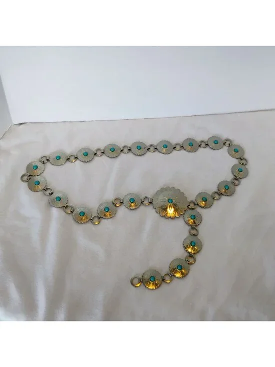 Silver Metal Concho Belt w/ Faux Turquoise Adjustable up to 37" Vintage Cowgirl - Picture 4 of 9